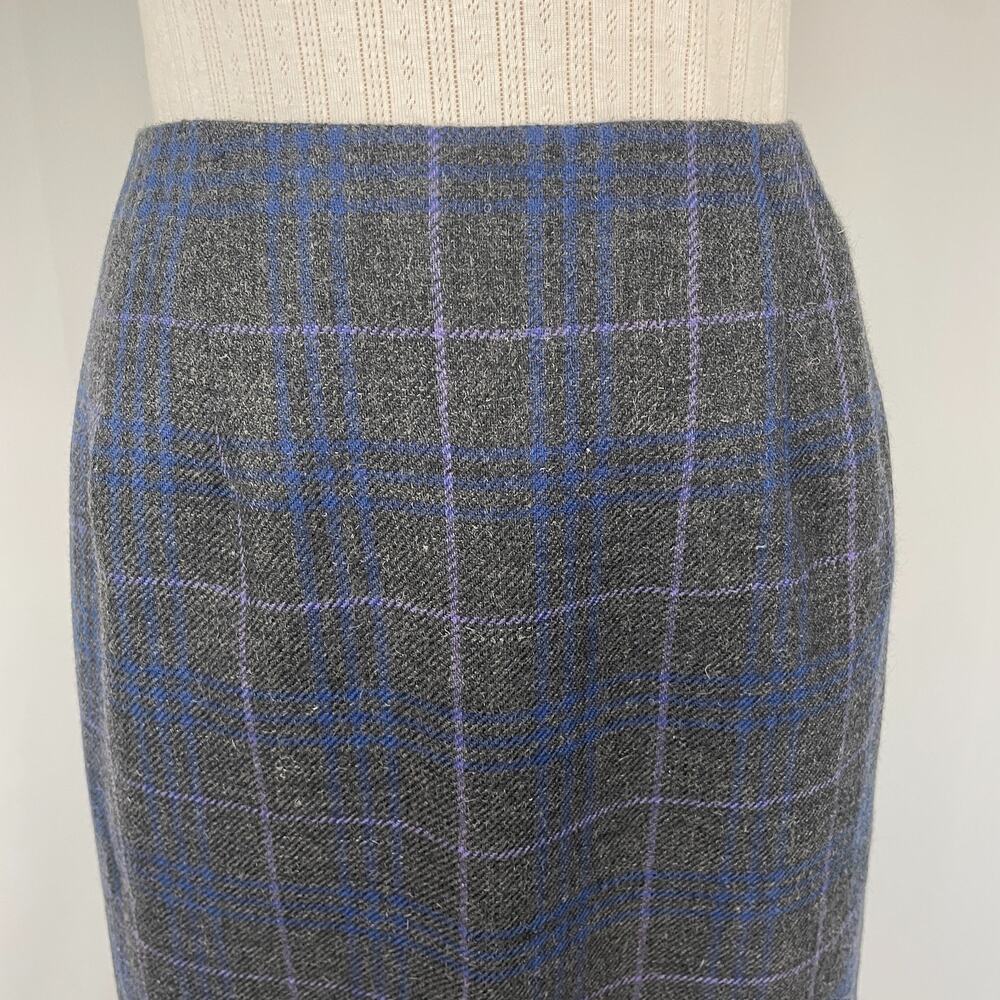 Vintage Midi Skirt Size 8 Grey Blue Plaid Tartan Wool Asymmetrical Academia 90s - Picture 2 of 14